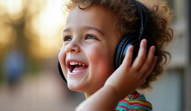 Child with headphones smiling while learning