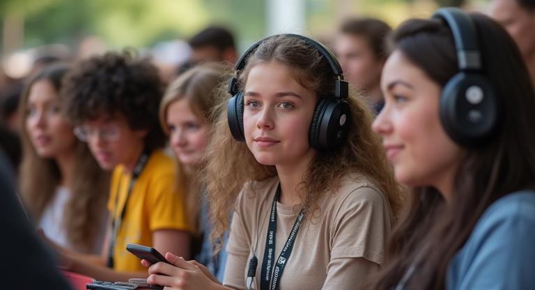 Community event with people experiencing audio technology